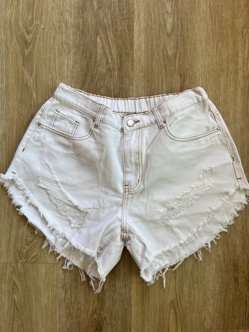 SHEIN White High-Rise Distressed Denim Shorts